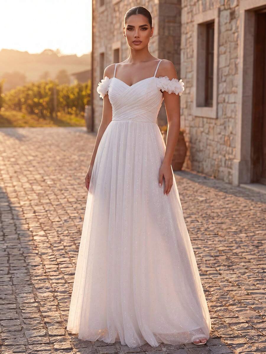 EVERPRETTY Elegant Romantic Floral Open Shoulder Spaghetti Strap Wedding Dress Fall White - White - View 1