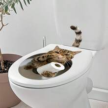1pc Funny Tabby Cat Holding Toilet Paper Roll Pattern Sticker, Self-Adhesive Toilet Lid Sticker, Bathroom Decor - Multicolor - View 5