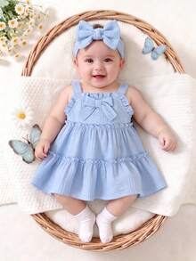 Baby Girls' Spaghetti Strap Ruffle Bow A-Line Cake Dress, Suitable For Everyday Outings, Spring/Summer - Blue - View 3