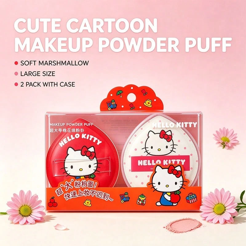 Miniso 2pcs Hello Kitty Jumbo Size Cotton Candy Texture Makeup Sponge Puff With Storage Box, Soft & Skin-Friendly, Quick Makeup Application Tool (1pc) - Red - View 1