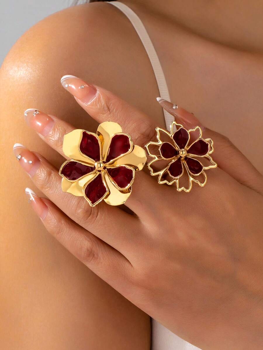 1pc/2pcs Vintage Double Layer Gilded Enamel Petal Flower Ring, Suitable For Women's Evening Party And Daily Wear - Burgundy - View 1