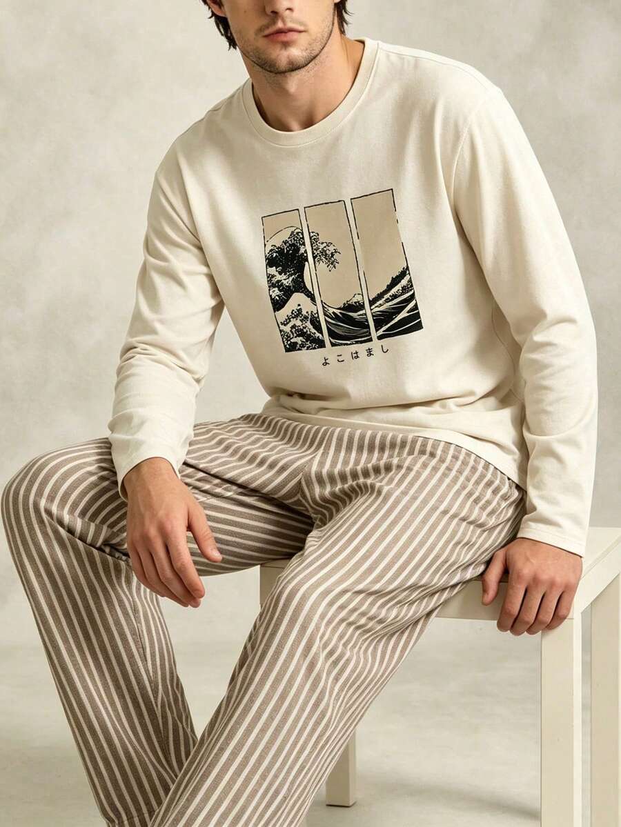 Men's Autumn/Winter Pajama Set, Japanese Ukiyo-E Cartoon Print Long Sleeve Top + Striped Jogger Pants, 2 Pieces Loungewear - Multicolor - View 1