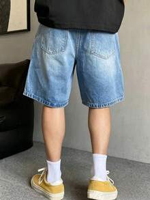 Teen Boy Casual Style Pocket Denim Shorts, Simple & Fashionable - Medium Wash - View 2