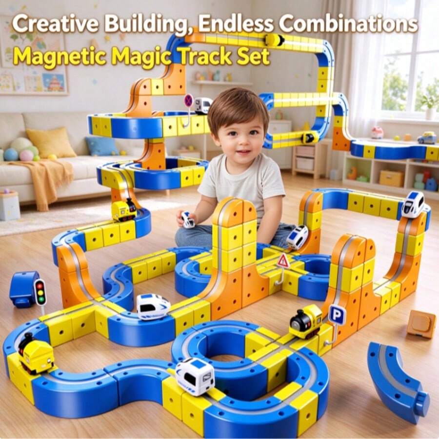 1pc-Electric Magic Track Set, 3D Creative Building Rails With High-Speed Cars, STEM Construction Toy For Kids, Colorful Interlocking Educational Gift For Boys & Girls