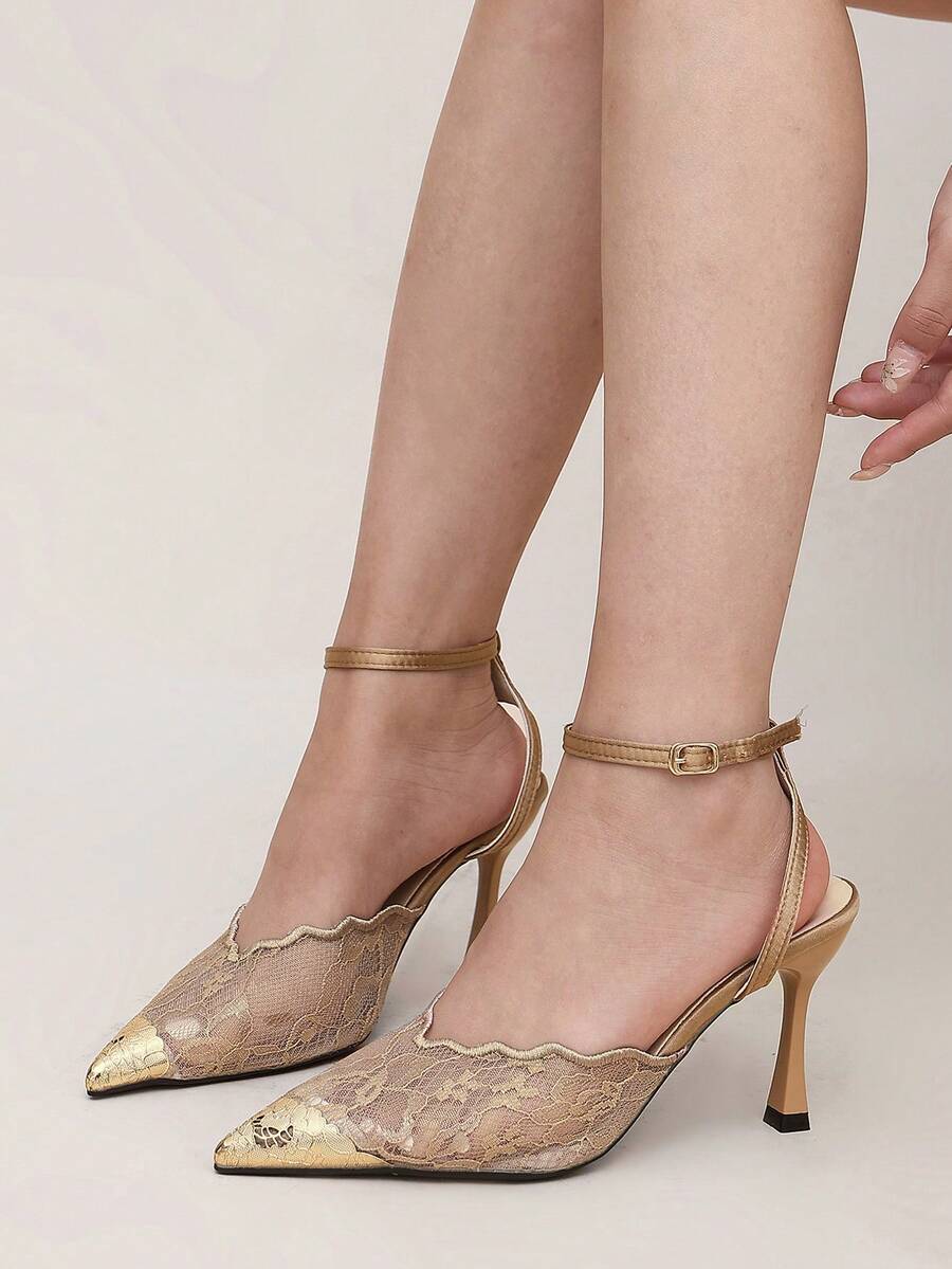 Women's Gold Toe Elegant Lace Ankle Strap High Heel Pointed Toe Stiletto Sandals For Wedding, Prom, Evening Party - Brown - View 1