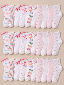 1/10/20 Pairs Random Color Mid-Calf Socks, Sweet Bow Knot Floral Polka Dot Pattern, Soft And Comfortable, Pink, Suitable For Girls And Little Girls Autumn/Winter Daily Wear - Multicolor - View 1