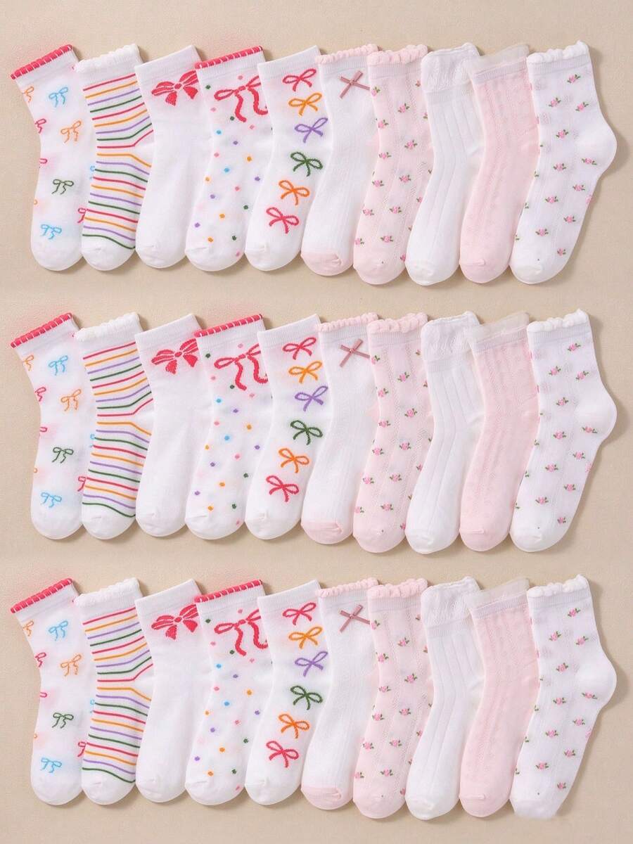 1/10/20 Pairs Random Color Mid-Calf Socks, Sweet Bow Knot Floral Polka Dot Pattern, Soft And Comfortable, Pink, Suitable For Girls And Little Girls Autumn/Winter Daily Wear - Multicolor - View 1