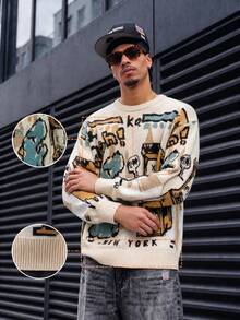 Sweater Pria ANDREILEE, Modis Kasual Serbaguna untuk di Rumah, Perjalanan, Liburan, Motif Dinosaurus, Mesin Permainan, Leher Bulat, Lengan Panjang, Longgar, Bergaris, Pullover, Pakaian Luar Musim Gugur/Dingin - Aprikot - View 2