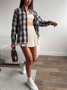 Women's Comfortable Casual Vintage Plaid Front Button Pocket Long Sleeve Shirt, Spring New Arrival, Best-Selling Spring Outerwear - Brown and White - View 3