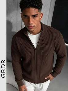 GRDR Men's Casual Long Sleeve Zip-Up Cardigan Sweater, Versatile Everyday Knitwear - Brown - View 7