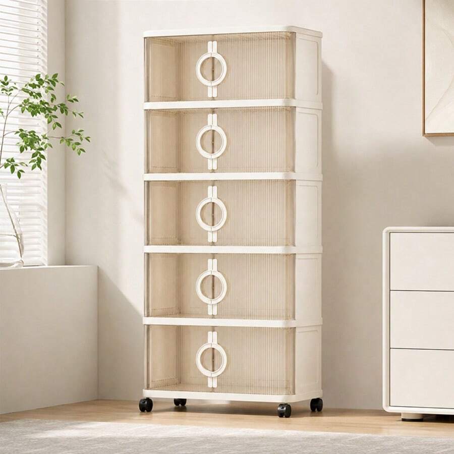 Armário Organizador de Roupas 5 Níveis com Portas Transparentes e Rodízios para Quarto, Extensão para Guarda-Roupa, 50x29x120cm, Bege - Visão 1