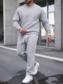 2pcs Gray Plaid Embossed Crew Neck Men's Set, Men's Long Sleeve Sweatshirt Set, Men's Drawstring Pants, Textured Plaid Design, Casual Sports Style, Campus, Friends Gathering, Commuting, Short Trips - Grey - View 6