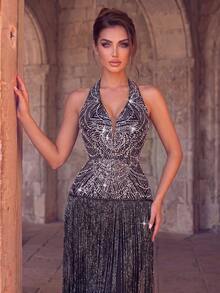 Romantic Halter Sequin Dress, Women's Sleeveless Glamorous Long Gown With Ruched Bust, Fitted Waist, And Fringe Detail - Black - View 3