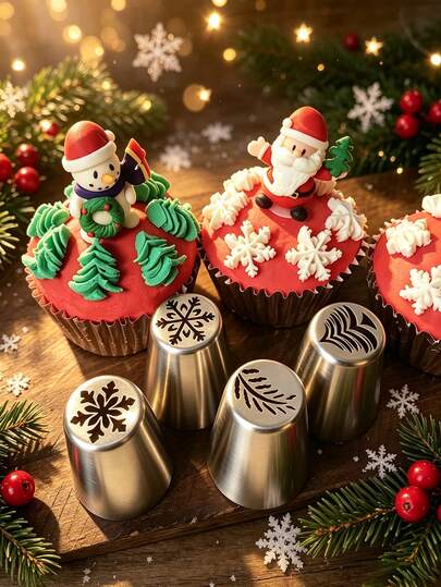 1 pieza/4 piezas Boquillas rusas de manga para Navidad, Boquillas de manga para crema de pastel de Navidad, Formas de copo de nieve, Árbol de Navidad, Hoja de acebo, Herramientas de decoración de pasteles, Boquillas de decoración de postres de cupcakes de Navidad, Boquillas de manga para crema, Herramientas de repostería