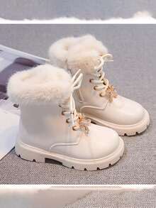 1 Pair Girls' Thermal Lined Boots With Rhinestone Bow And Fur Trim, Thick Sole Warm Ankle Boots For Winter - Beige - View 3