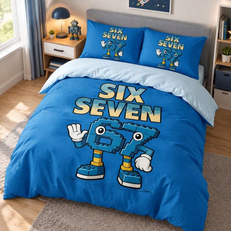 Six Seven Blue 3件組床上用品套裝,6&7印花:1件被套 + 2件枕套(不含填充物),高清晰染色,100%聚酯纖維,柔軟,拉鍊封口,可水洗,適用於居家、旅行、宿舍 - 6770+SJT+C - 查看 1