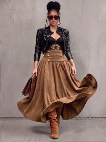 Rok Pinggang Tinggi Bergaya Retro untuk Wanita - Coklat - View 2