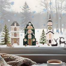 1/3/4 Sheets Cute Christmas Village Snow House Static Window Clings, Snowman Tree Window Decals For Glass, Winter Party Kids' Room Decor - Multicolor - View 5