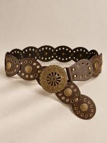 1pc Western Cowboy Bohemian Style Women's Belt, Paired With This Bronze Metal Belt, Suitable For Autumn, Winter, Spring, Jeans - Floral Buckle Coffee-colored Splicing - View 6