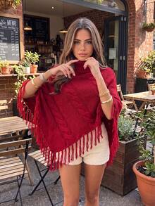 Women's Red Short High Neck Cable Knit Shawl, Tassel Decor, Asymmetrical Hem Short Sleeve Pullover Sweater, Street Fashion Essential - Red - View 4