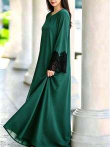 Elegant Green Plus Size Arabian Dress, Black Contrast Lace Long Sleeve, Flared Hem, Round Neck Woven Fabric Evening Gown Fall - Green - View 3