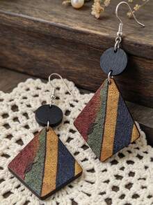 1 Pasang Anting Kayu Belah Ketupat Bergaris Vintage, Perhiasan Telinga Patchwork Bulat Geometris Bohemian - MultiWarna - View 4