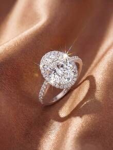 1pc 1/3/5/10 Carat Sparkling Oval Engagement Ring, Promise Ring, Eternity Ring, Elegant Jewelry Gift - Silver - View 5
