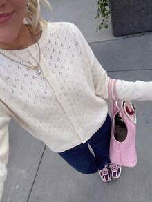 Women's Casual Elegant Round Neck Long Sleeve Hollow Out Cardigan Fall Winter Going Out Date Daily Wear Fall/Winter - White - View 1