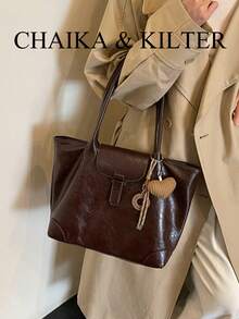 1 buah Tas Tote Bahu Minimalis Persegi dari Kain PU, Cocok untuk Bepergian, Berbelanja, dll. (Dengan Liontin) - Kopi - View 6