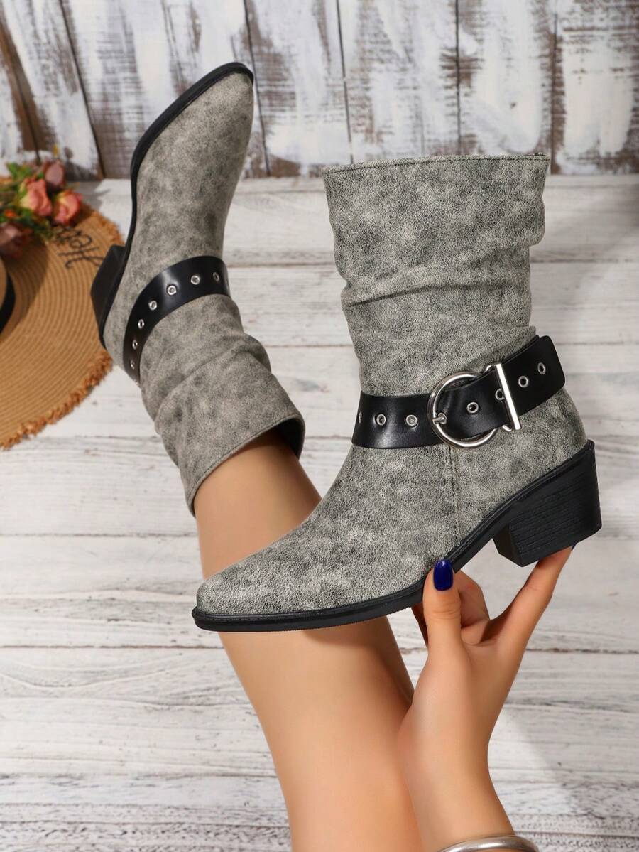Sepatu Bot Koboi Wanita Model Slip-On dengan Ujung Lancip dan Hak Tebal, Bukaan Lebar, dan Gesper, Panjang Setengah Betis - Grey - View 1