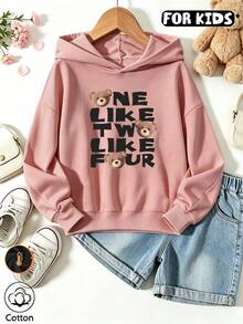 Girls Teddy Bear Letter Print Hoodie, Casual Long Sleeve Hooded Pullover - Nude Pink - View 1