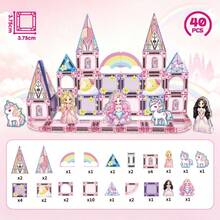 40PCS Princess & Unicorn Castle Magnetic Building Blocks Toy, STEM Educational Magnetic Toy With Portable Metal Storage Box, Suitable For Girls Aged 3-8 - Color - View 9