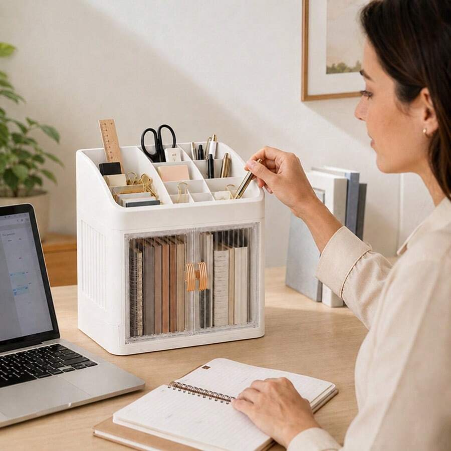 Mini Estante de Mesa para Estudos com Portas e Nichos, Plástico PP Branco, Organizador de Papelaria e Livros, Antipoeira – 24x18x23,5cm - Visão 1