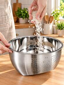 Stainless Steel Storage Basket And Basin, Multipurpose Perforated Organizer Bowl With Drain Holes, Large Capacity Kitchen Storage Container For Fruits, Vegetables, Rice, Pantry Supplies, Countertop Organization, Home Storage And Daily Household Needs - Multicolor - View 4