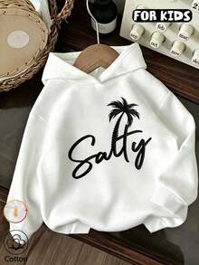 هودي بناتي بطبعة شجرة نخيل استوائية، سويت شيرت بغطاء رأس وشعار Salty للبنات - أبيض - مشاهدة 1