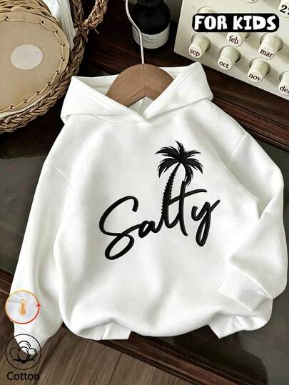 Tween Girl Tropical Palm Tree Graphic Hoodie, Girls Salty Slogan Hooded Pullover