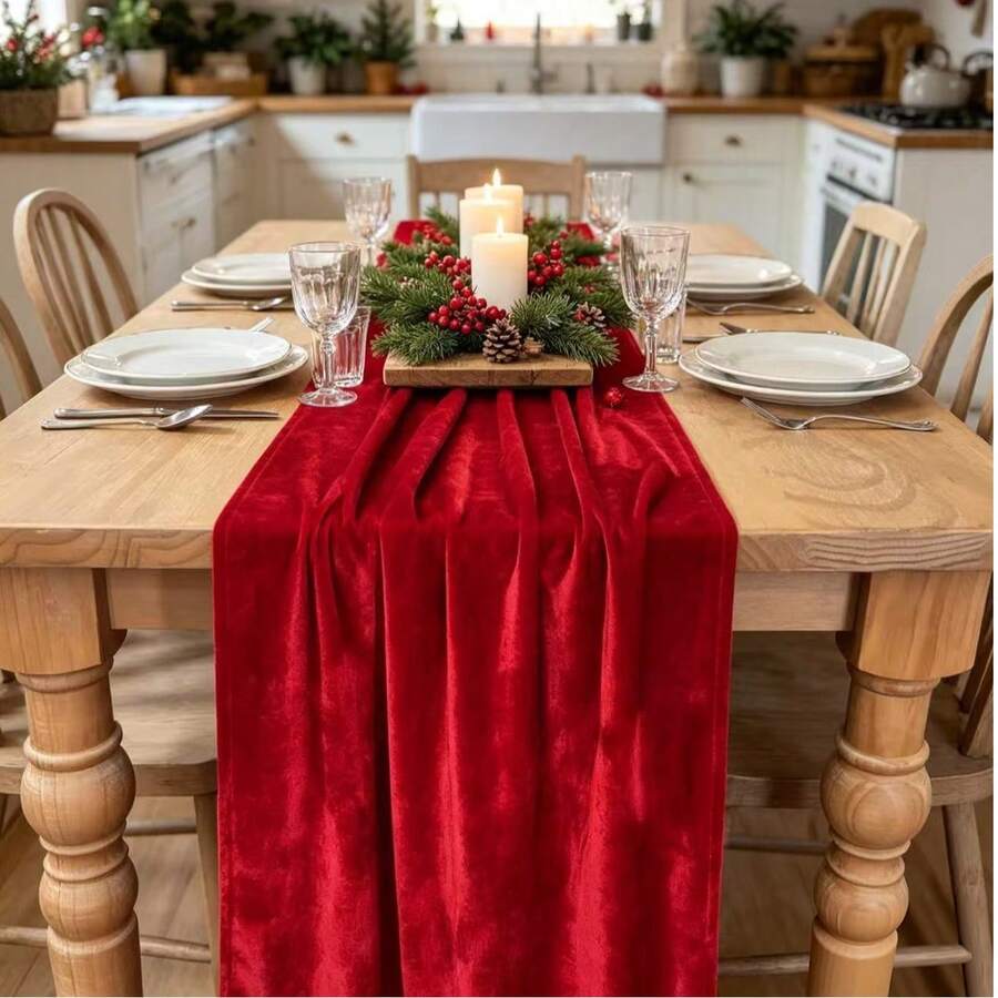 20 X 120 Inch 10ft Luxury Thick Soft Velvet Table Runner For Christmas, Thanksgiving, Wedding, Reception, Party Decoration - Red - View 1