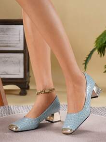 2026 New Women's Fog Blue Quilted Embossed Low-Cut Metal Toe Square Toe Chunky Heel 4.5cm Retro Commute Mid-Heel Slip-On High Heels - Dusty Blue - View 3