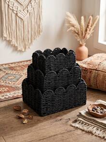 1Pc/3Pcs Paper Woven Lidded Storage Basket, Desktop Organizer Box For Cosmetics, Keys & Sundries, Multi-Scene Household Storage Bin To Organize Space, For Kitchen, Bedroom, Bathroom, Dorm, Office Desk, Winter Home Decor, Rustic Style, Ideal Gift - Black - View 5