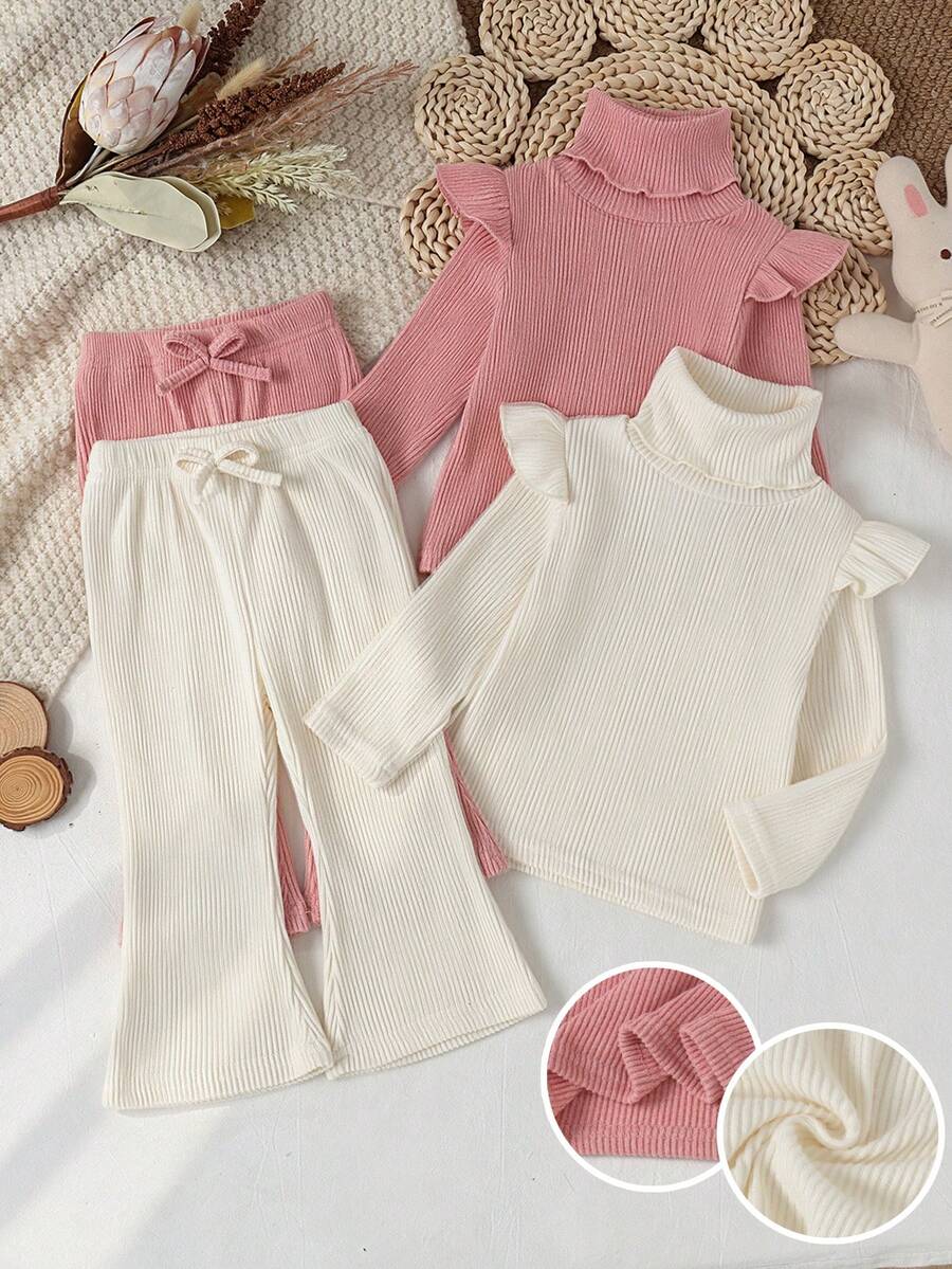 4pcs Baby Girl Soft Minimalist Gentle Style Frill Trim High Neck Flutter Sleeve Long Sleeve Top With Bow Waist Flared Long Pants Set, Autumn/Winter - Multicolor - View 1