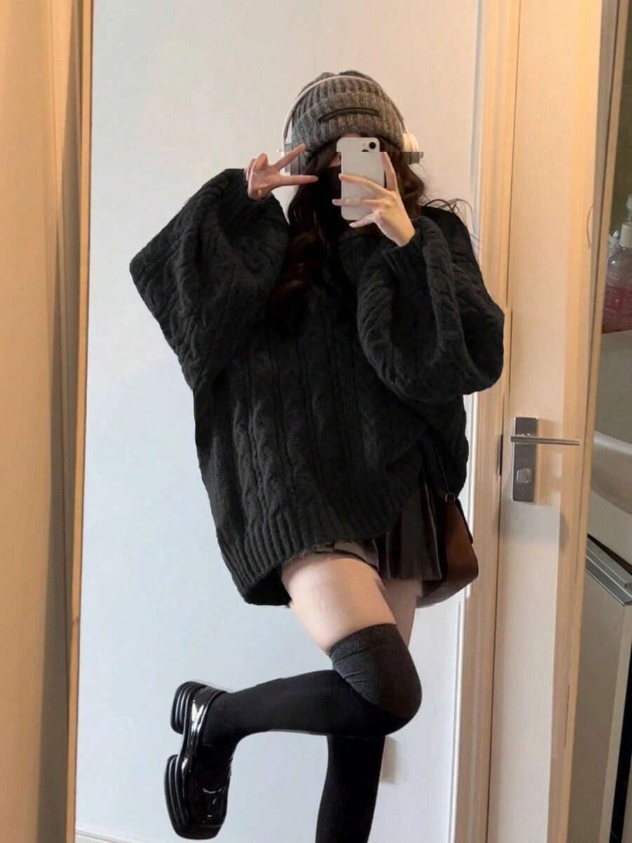 Oversized V-Neck Chunky Knit Sweater For Women, Slouchy Girl Style, New For Autumn/Winter 2022, Korean Soft & Loose Cable Knit Top Black - Black - View 1