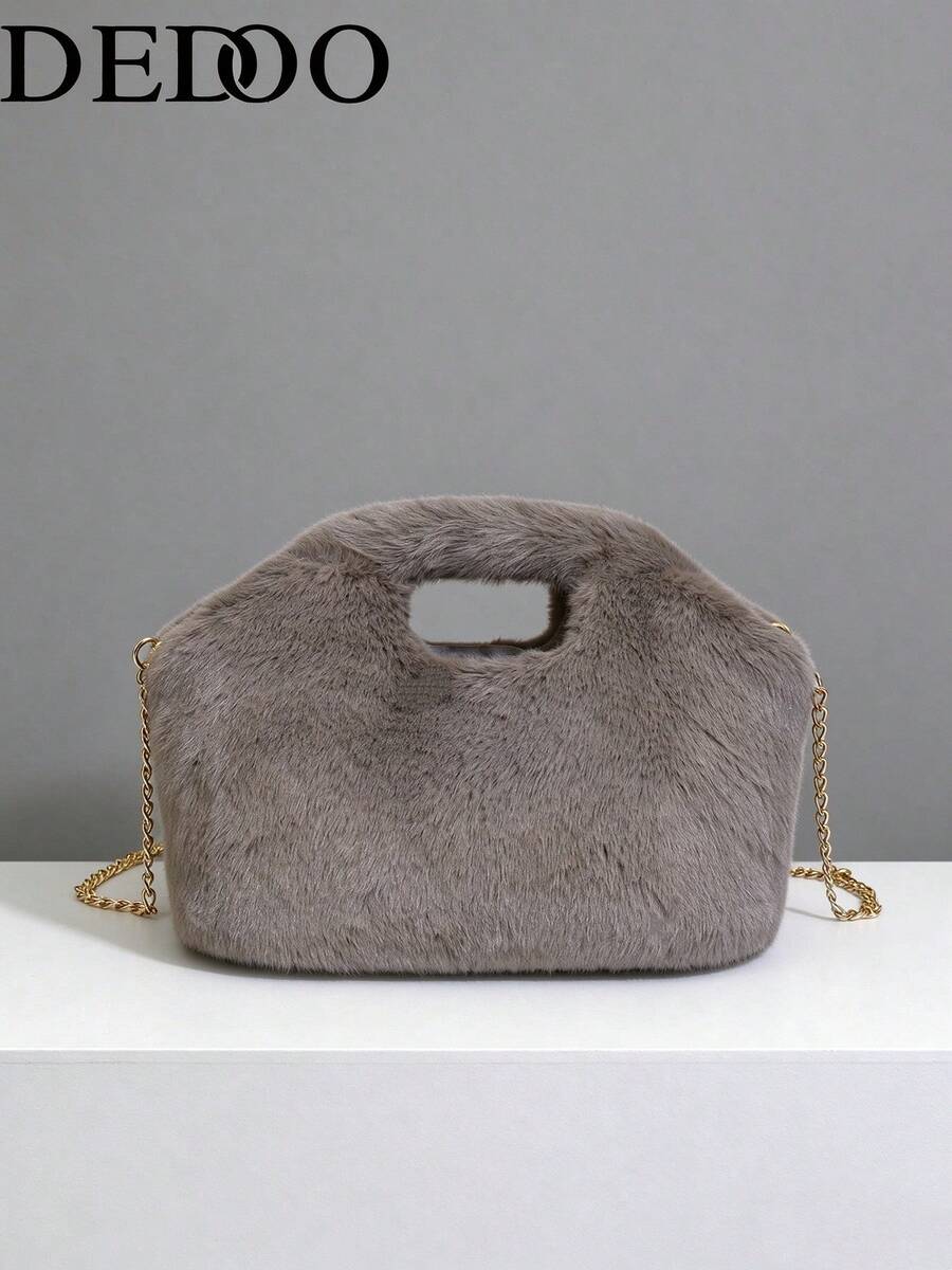 Dedoo Women's Plush Handbag, Shell Shaped, Solid Color, Faux Mink Fur, Hollow Handle, Gold Chain, Crossbody, Fashionable Women Style, Suitable For Autumn/Winter, Party/Date