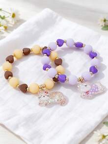 5Pcs Girls Elastic Bead Bracelet, Sweet Resin Shiny Rabbit Bear Cat Dog Glitter Pendant Bracelet, Children Cute Costume Jewelry Accessory - Multicolor - View 4
