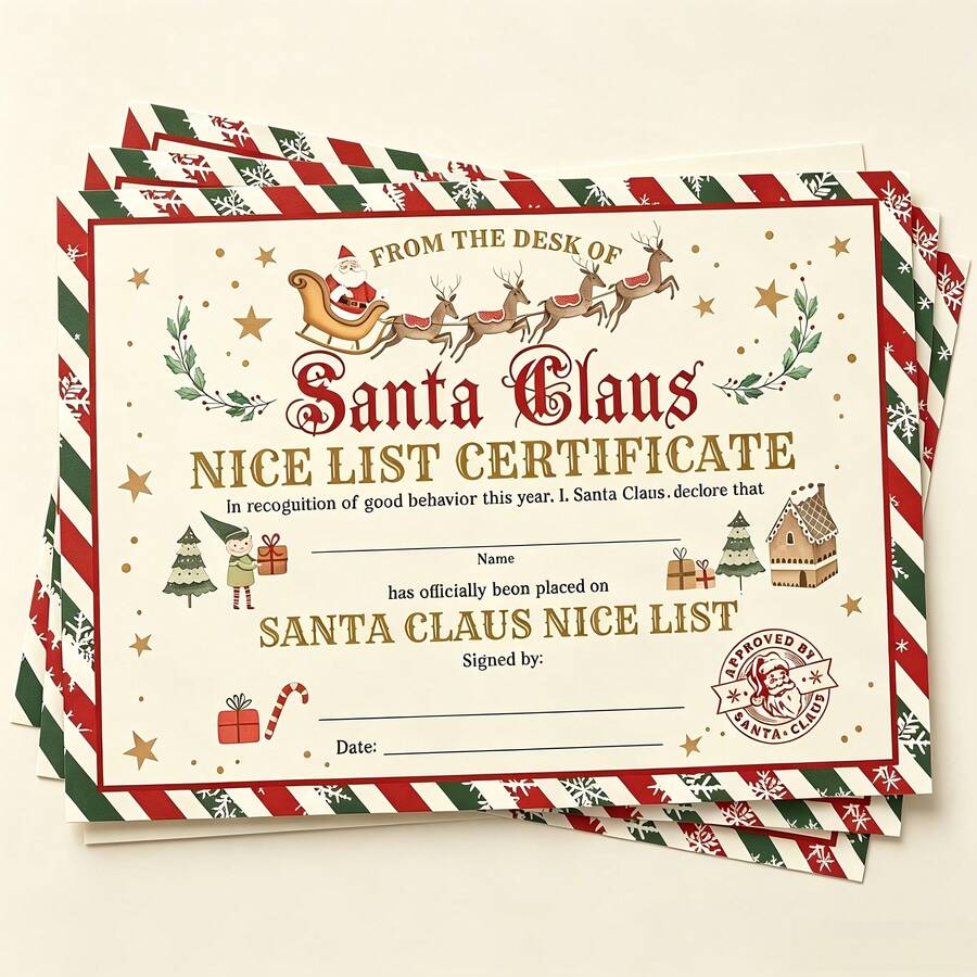 10/20pcs Vintage Santa Sleigh Decorative Greeting Cards, Santa Claus Christmas Gift Cards, Elegant Beige & Red Striped Design, Gold Lettering, Customizable Name/Date/Message, Santa Inspired, Holiday Party - Multicolor - View 1
