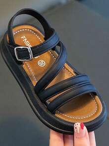 1 Pair Children's Fashionable Minimalist Flat Sandals - Black - View 9
