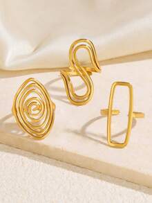 3pcs Stainless Steel Gold Fashion Personalized Minimalist Elegant Geometric Oval Line Ring Set Suitable For Women Daily Holiday Wear - Multicolor - View 3