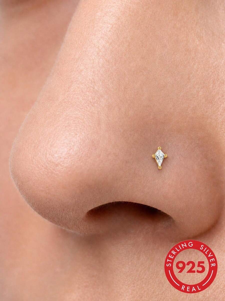 1Pc S925 Sterling Silver Kite CZ Nose Stud Flat-Back Hypoallergenic Nostril Cartilage Body Piercing Jewelry For Women Men Daily Wear & Gifts - Gold - View 1