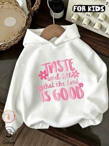 Girls Flower Letter Print Hoodie, Casual Long Sleeve Hooded Pullover - White - View 1