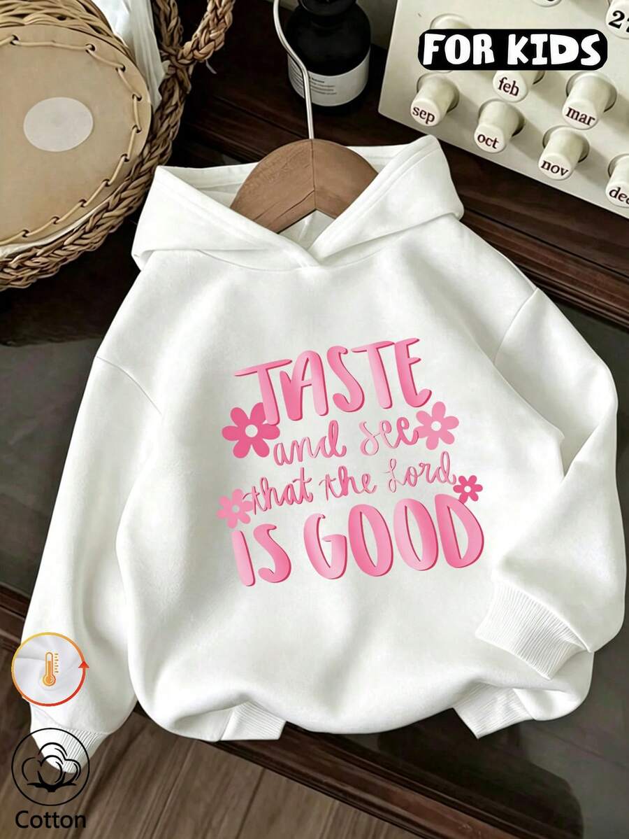 Girls Flower Letter Print Hoodie, Casual Long Sleeve Hooded Pullover - White - View 1