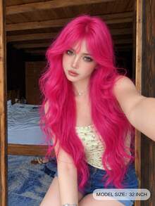 alicegarden 32 Inch Long Synthetic Wig, Natural Wavy Curls, Stunning Rose Red, With Bangs, Suitable For Women's Daily, Party, Cosplay Use, Natural And Durable Wig Gift - Hot Pink - View 3
